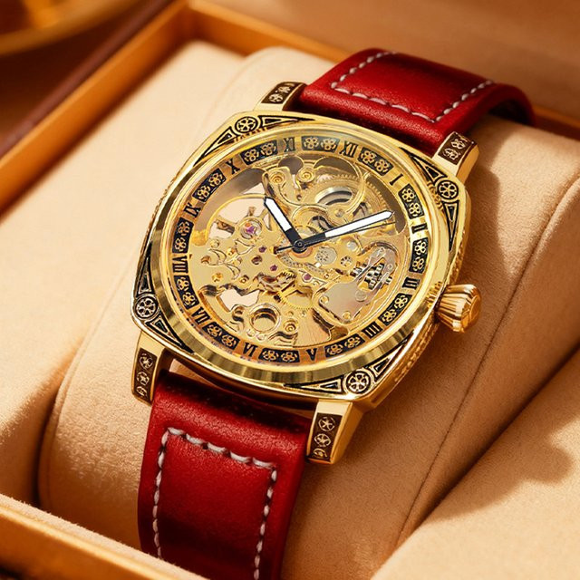 CAROTIF Armbanduhr Automatik, Messing, Gold, Rot, Leder, Herren - Bild 1