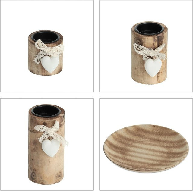 Relaxdays Teelichthalter Set mit Dekoschale aus Kiefernholz in Weiß und Natur mit Schleifen- und Herzverzierungen, B/T/H: 21,5 x 13,0 x 8,0 cm - Bild 1