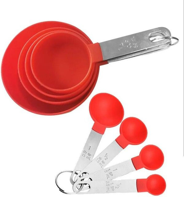 SEEQS 8er Messbecher und Löffel Set aus Edelstahl in Rot für Backen und Kochen - Bild 1