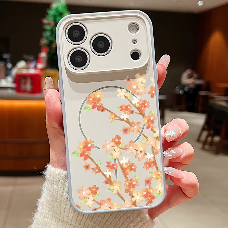 MOESOE Magnetische Handyhülle mit Blumenmuster für iPhone 17, 16, 15, 14, 13 Pro Max, MagSafe kompatibel, Orange/Pink, mit Linsenschutz und Hardcover - Bild 2