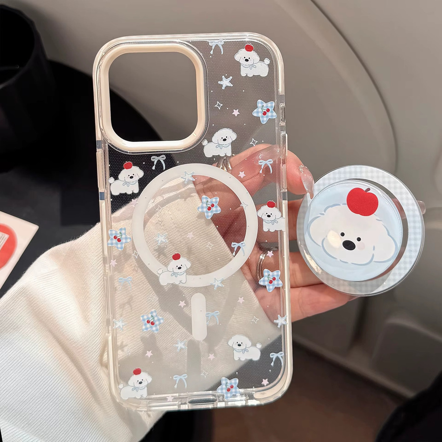 MUQGEW Magnetische iPhone Handyhülle mit süßem Koreanischem Cartoon-Welpen-Design und Gitter-Muster, Transparent und Stoßfest, passend für iPhone 17, 16, 15, 14, 13, 12 Pro Max - Bild 4