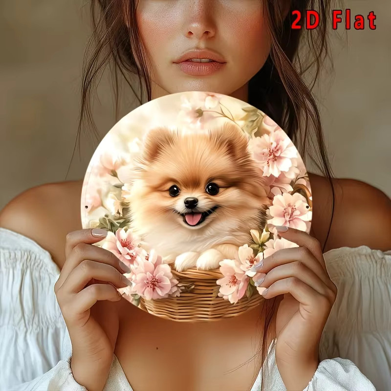 Potdemiel Vintage Aluminiumschild Rund mit Pomeranian im Blumenkorb, Durchmesser: 20 cm, Mehrfarbig - Bild 5