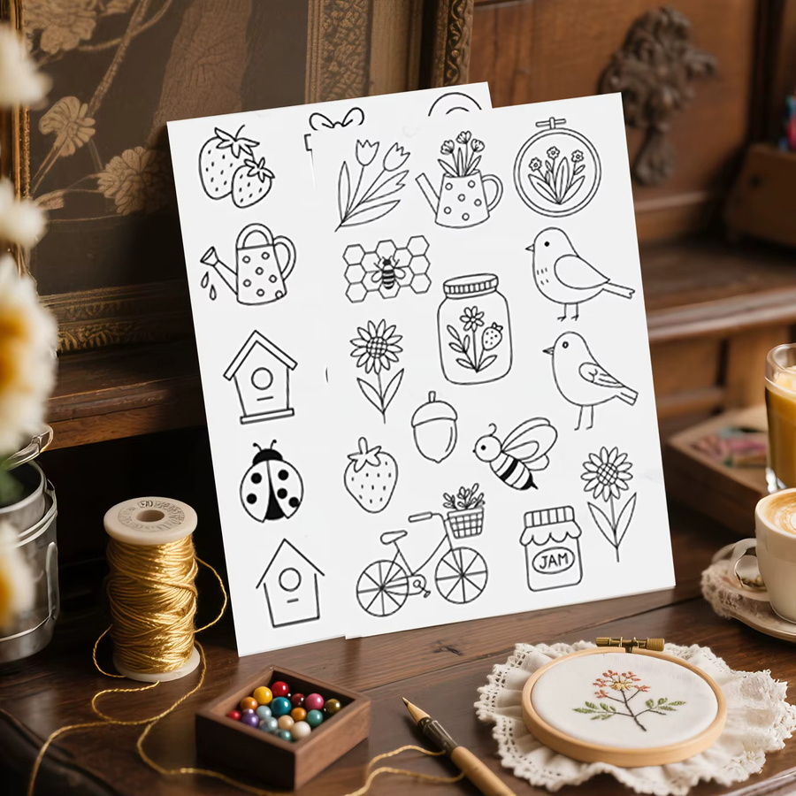 2-teiliges wasserlösliches Transferpapier mit Blumen-, Vogel- und Hausdesigns zum Aufnähen für Stoffdekorationen wie T-Shirts und Taschen - Bild 2