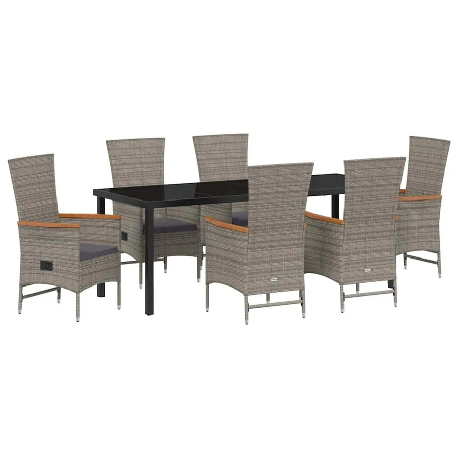 vidaXL Garten Essgruppe 7-teilig aus Poly-Rattan und Akazienholz in Grau mit Glasplatte und Kissen - Bild 2