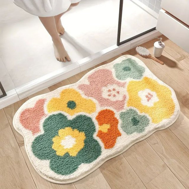 Weicher Badezimmerteppich mit Blumenmuster, rutschfest und waschbar, Mehrfarbig, B/H: 60 x 40 cm - Bild 1