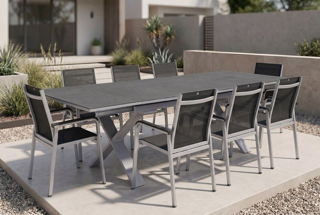 Kettler BasicPlus Premium Garten-Essgruppe aus Aluminium und Textilene in Silber mit ausziehbarem Tisch und 8 Stapelsesseln - Bild 1