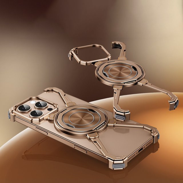 Dolob Rahmenlose Aluminium-Schutzhülle für iPhone 16 Pro Max mit MagSafe und drehbarem Ständer, Schwarz und Gold - Bild 1