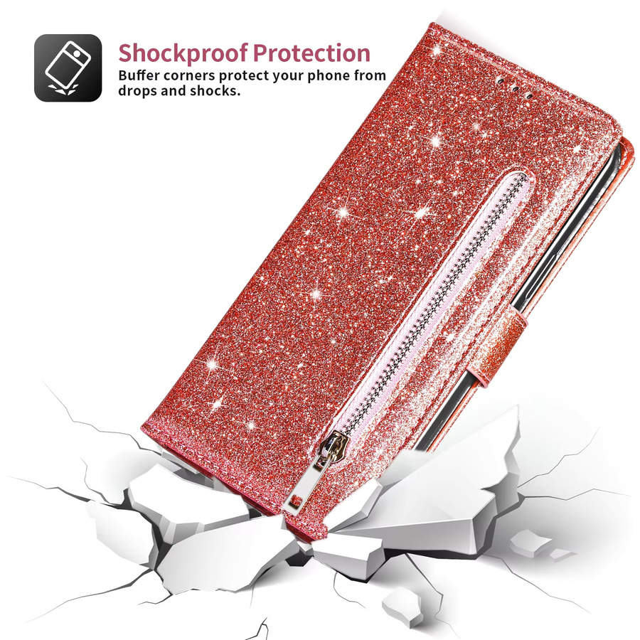 Glitzer Flip Wallet Ledertasche mit Reißverschluss für iPhone in Purple von aierkeba - Bild 4