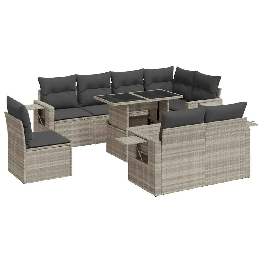 vidaXL 9-tlg. Garten-Sofagarnitur in L-Form mit Kissen und Couchtisch, Hellgrau, Poly-Rattan und Metallrahmen - Bild 2