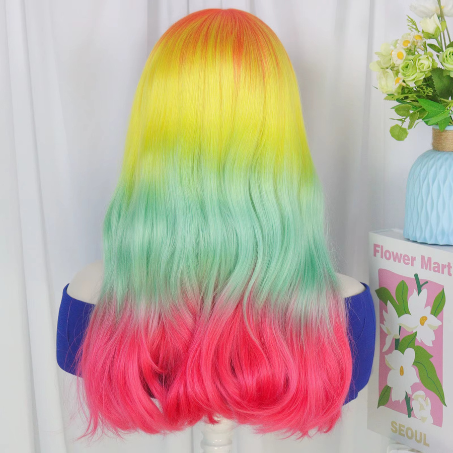 ANOGOL Synthetische Regenbogen-Perücke, lange gewellte Perücke mit Pony, Damen - Bild 2
