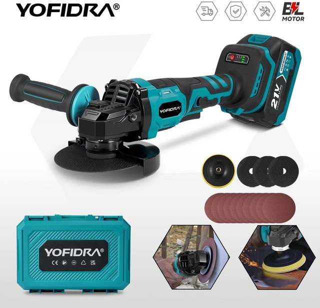YOFIDRA Bürstenloser Winkelschleifer 125mm mit 3-Gang-Schleifmaschine als Polier- und Schneidwerkzeug für Holzbearbeitung, kompatibel mit Makita 21V Akku - Bild 1