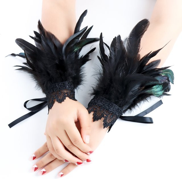Handgelenksmanschetten Feder, Schwarz, Unisex, Retro Vintage Punk Gothic - Bild 1