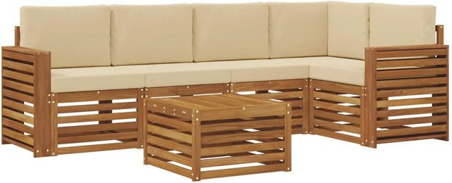 vidaXL Sofagarnitur 6-teilig aus Massivholz Akazie in Natur und Beige mit L-Form und Polsterkissen - Bild 1