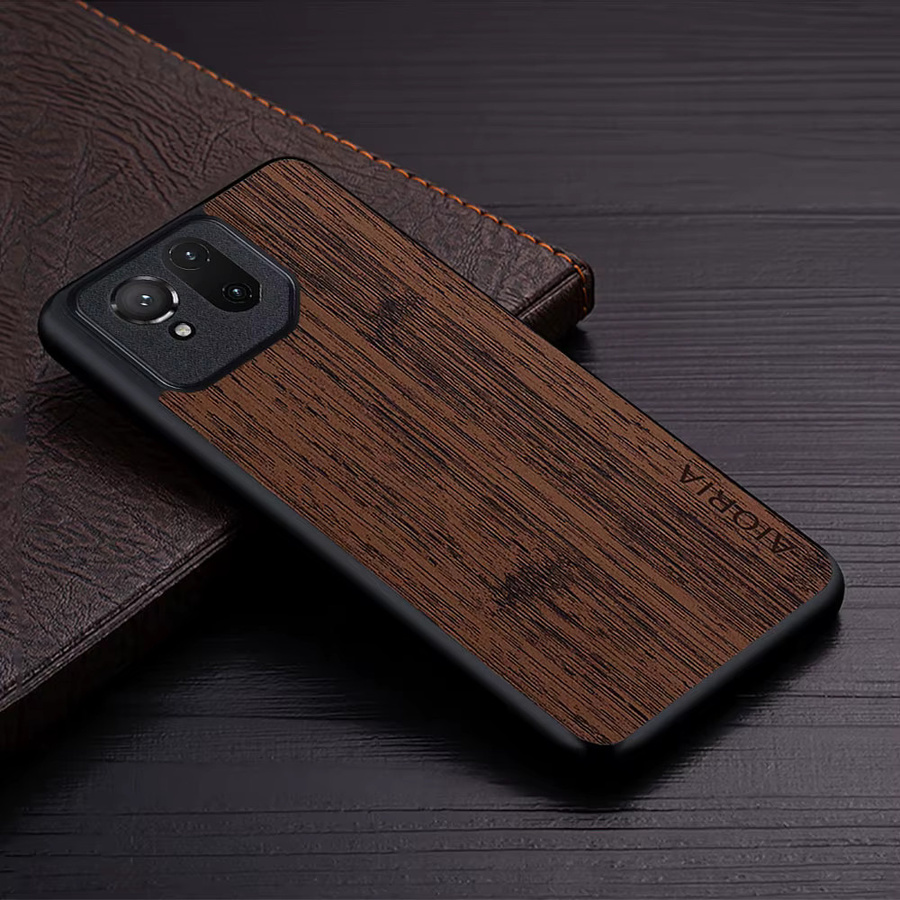Handyhülle aus PU-Leder für Asus ROG Phone 9 Pro mit gerader Holzmaserung in Grau und Braun - Bild 1