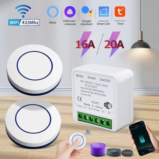 Tuya Smart Switch WiFi RF 433MHz Mini Runder Panelschalter mit Alexa und Google Home Sprachsteuerung, Weiß - Bild 1