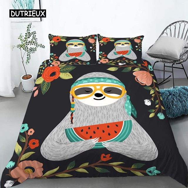 Binchi Outdoor Product Bettwäsche-Set mit Faultier-Motiv für Kinder, 3-teilig aus Polyester, Farbe: Schwarz, B/H: 150 x 200 cm - Bild 1