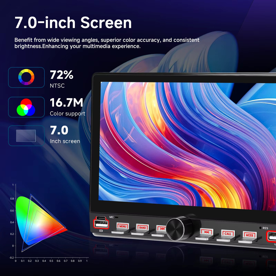 Podofo 1Din 7 Zoll Autoradio mit kabellosem Carplay und Android Auto, HD-Touchscreen Multimedia-Player mit Bluetooth und USB, Schwarz - Bild 2