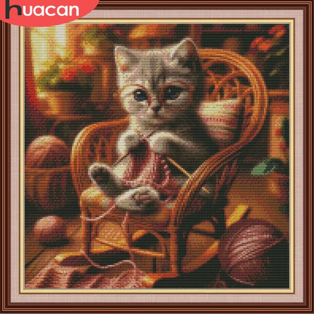HUACAN Kreuzstich-Set Katze mit Sonnenuntergang, Stickerei-Set für Handarbeiten in Multicolor, 11 Karat Wanddekoration, B/H: 30 x 30 cm - Bild 1