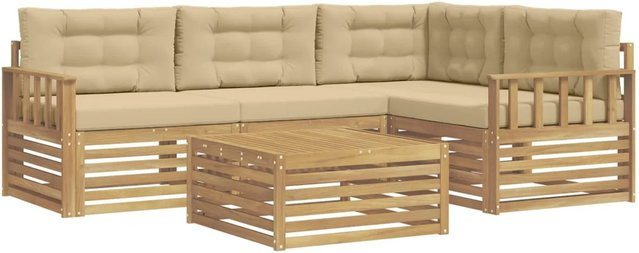 vidaXL Outdoor-Sofagarnitur 6-teilig in L-Form mit Kissen und Couchtisch, Weiß und Beige, aus Akazienholz und UV-beständigem Polyester - Bild 1