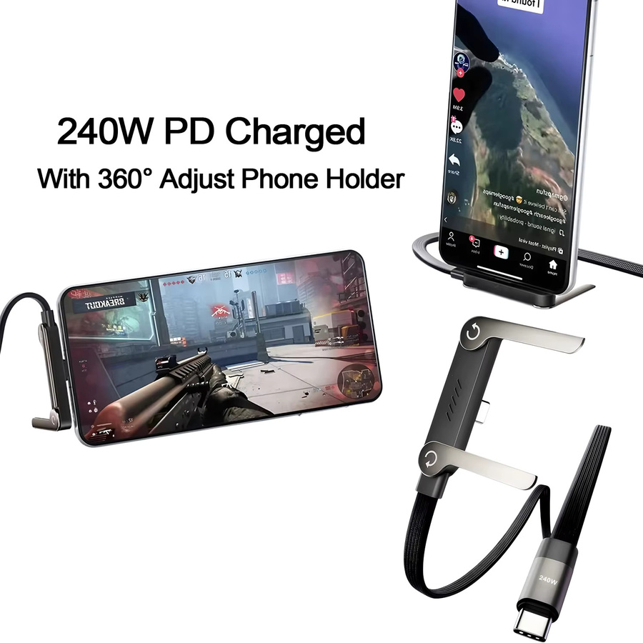 BESY 2-in-1 Tragbares USB-C Schnellladekabel mit faltbarem Handyhalter, 240 W, Schwarz - Bild 2