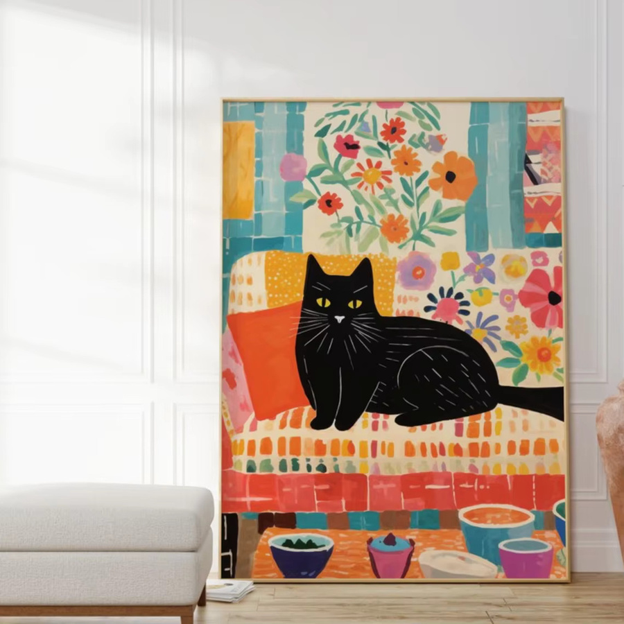 SHENCHEN Poster Katze auf dem Sofa mit Blumenmuster in Schwarz und Mehrfarbig - Bild 3
