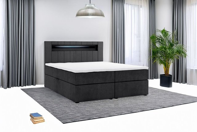 M-Punkt Boxspringbett KUBA mit Bettkasten, Visco Topper und LED, Webstoff Inari, Schwarz, B/T/H: 180 x 200 cm - Bild 1