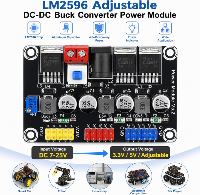 Gaqqee LM2596 DC7-25V zu DC3.3V/5V Einstellbares Step-Down-Modul in Schwarz - Bild 1