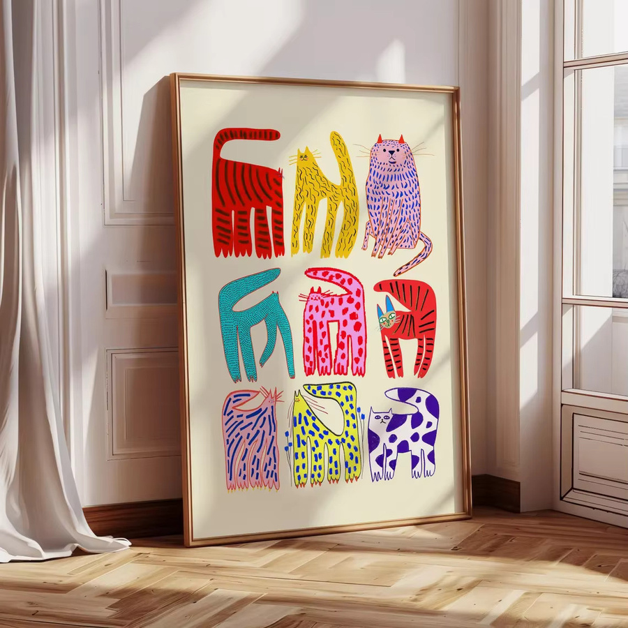 Abstrakter Katzen-Wandkunstdruck von SHENCHEN in Mehrfarbig und Gold mit modernen Tierillustrationen - Bild 2