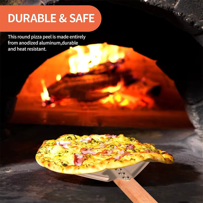 PGY Pizza-Schieber aus perforiertem Aluminium in Silber, rund mit langem Griff - Bild 2