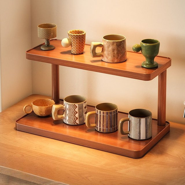 Mehrzweck-Desktop-Getränkehalter-Organizer aus Holz in Braun, platzsparendes 2-Etagen-Kaffeetassenregal für Büro und Zuhause, B/T/H: 30,0 x 14,5 x 0 cm - Bild 1