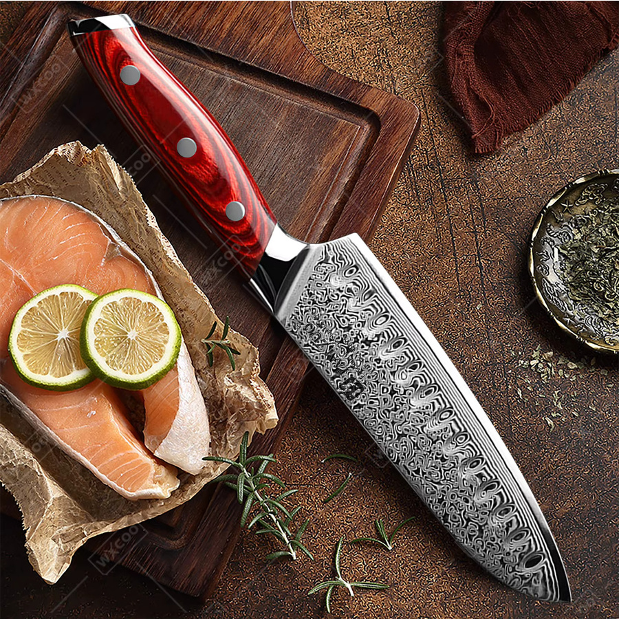 TAMZUO Santoku-Küchenmesser aus japanischem Damaststahl VG10 mit Holzgriff in Braun, Breite: 17,78 cm - Bild 3