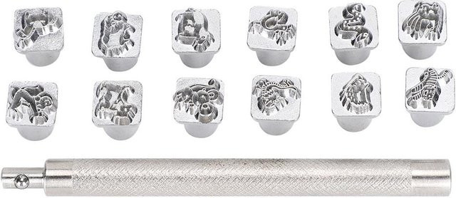 Igeteck 12er Set Sternzeichen Stanzen aus Zinklegierung in Silber für DIY Lederhandwerk und Carving mit Griff - Bild 1