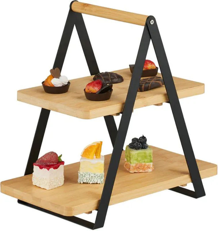 Relaxdays Etagere aus Bambus und Metall mit 2 Etagen, rechteckig, Natur/Schwarz, B/T/H: 33 x 34 x 19 cm - Bild 1
