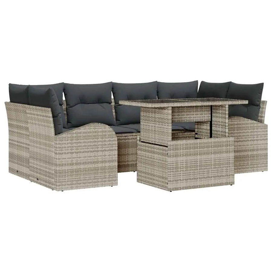 vidaXL Garten-Sofa-Set aus Poly Rattan in Hellgrau, 7-teiliges U-Shape Lounge-Set mit Kissen und Tisch mit Glasplatte - Bild 2