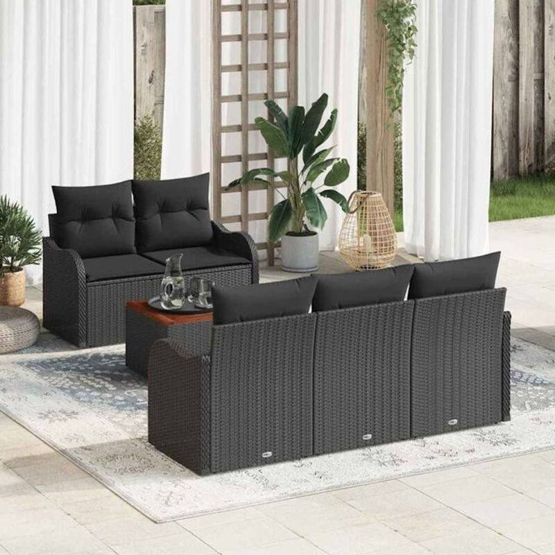 Vidaxl Garten-Sofa-Set aus Polyrattan und Akazien-Massivholz mit 6 Kissen, Schwarz und Braun, B/T/H: 55 x 55 x 37 cm - Bild 1
