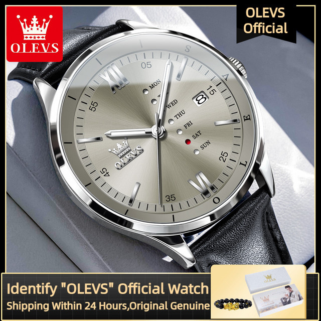 OLEVS Armbanduhr, Quarz, Edelstahl, Silber, Leder, Herren - Bild 1