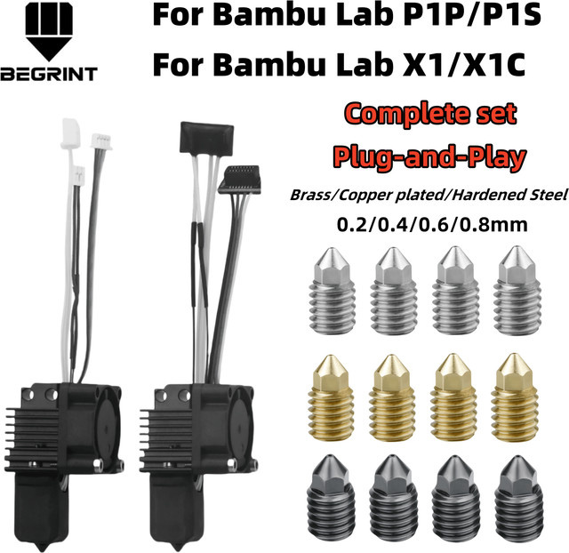 Bambu Lab Kompletter Hotend-Druckkopf mit Lüfter, Thermistor, Keramikheizung und 0,4 mm gehärteter Stahl-Düse für X1C P1P P1S in Schwarz - Bild 1