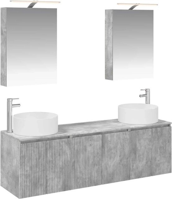 vidaXL Badezimmerschrank-Set in Betongrau, modern gestaltetes 5-teiliges Set aus MDF mit Waschtischunterschrank, Wandunterschrank und Spiegelschrank mit LED-Beleuchtung - Bild 1