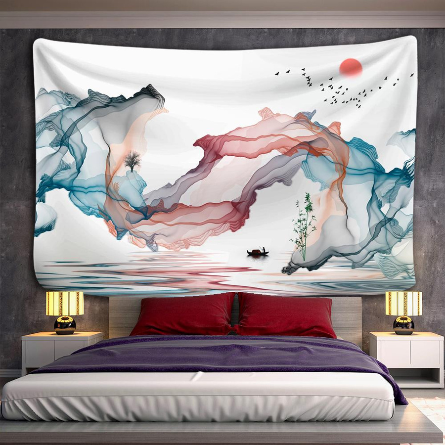 Wandteppich von Super Six mit chinesischer Tuschmalerei und Landschaftsmotiv Sonnenaufgang in Bunt, B/H: 95 x 70 cm - Bild 2