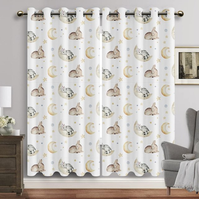 Yiran Furniture Ösenvorhänge mit Aquarell Tierprint Hase und Bär, halbtransparent, Mehrfarbig, B: 60 cm, H: 60 cm, 2 Stück - Bild 1
