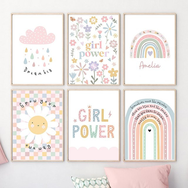 Potdemiel Wandkunst Leinwand für Kinderzimmer mit Sonne, Blume, Regenbogen, Wolken und Herzen in Mehrfarbig im Nordic Cartoon Stil - Bild 1
