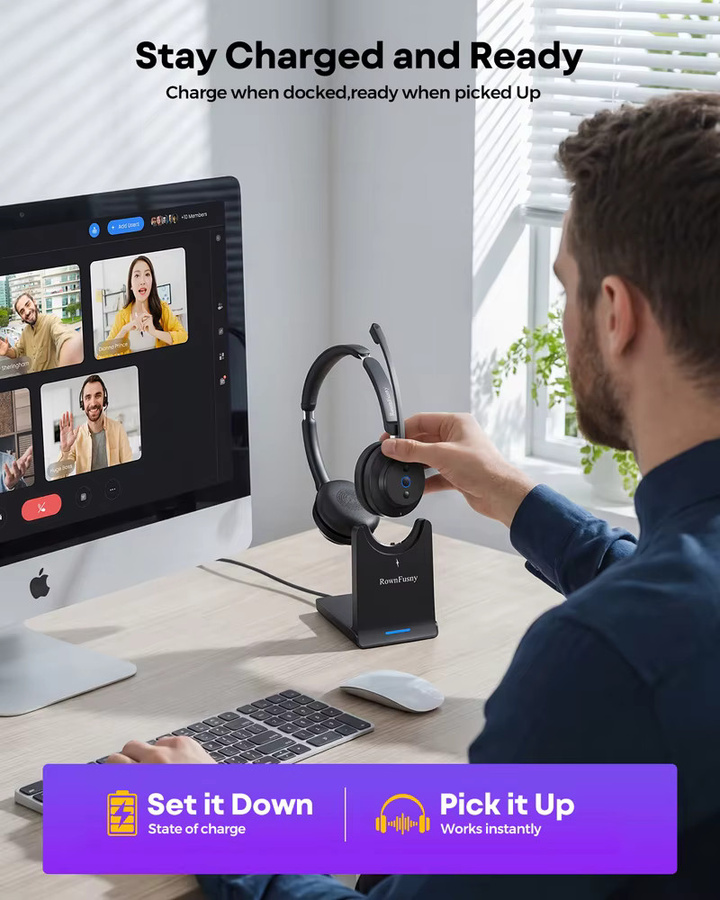Rownfusny Kabelloses Over-Ear-Headset mit Bluetooth und USB-Dongle in Schwarz für Callcenter mit Geräuschunterdrückung und Mikrofon - Bild 4