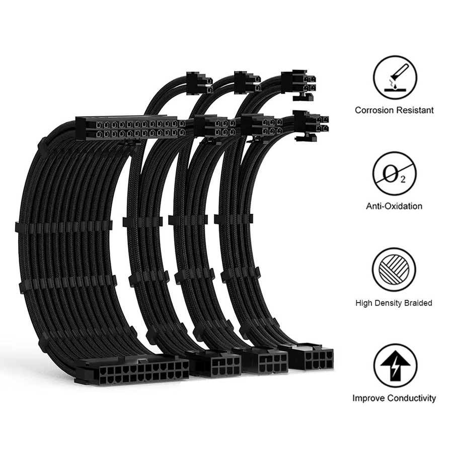 SENLIFANG Netzteil Verlängerungskabel Set in Schwarz, 4er Kit mit ATX 24pin, PCI-E 6+2pin, 8pin und EPS 4+4pin, 300mm Länge, 18AWG - Bild 1