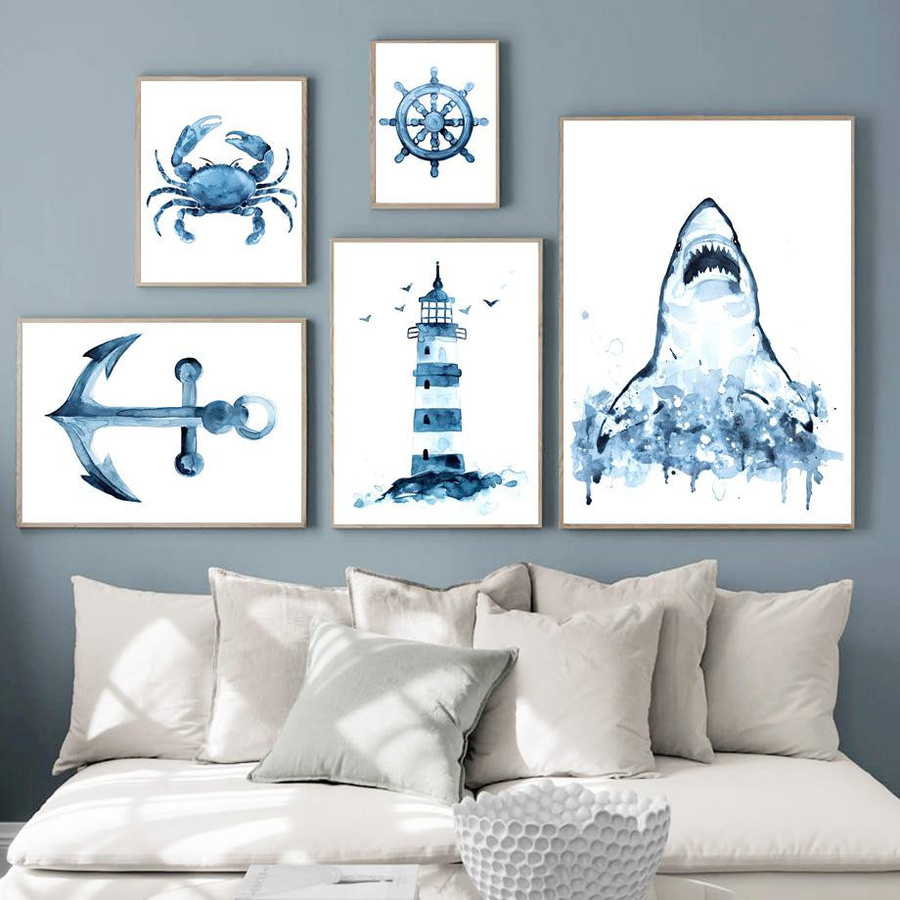 Marineblaues Leinwandgemälde mit Leuchtturm, Anker, Hai, Krabbe und Oktopus als Küstenwandkunst, B/H: 21 x 30 cm - Bild 2