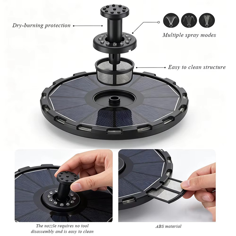 T-SUNRISE Solar-Gartenbrunnen für den Außenbereich mit 3,5W, rundes Solarbrunnenpumpen-Set für Teiche und Vogelbäder mit 6 Düsen und 7-farbigem Licht, Multicolor - Bild 6