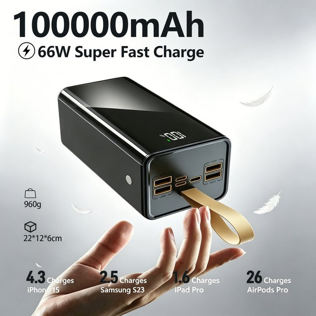 InTessry 66W Schnellladegerät Powerbank mit 100000mAh, Schwarz, 4 USB-Ausgänge und 3 Eingänge (Typ-C, Micro, Lightning), inklusive LED-Display und Taschenlampe - Bild 1