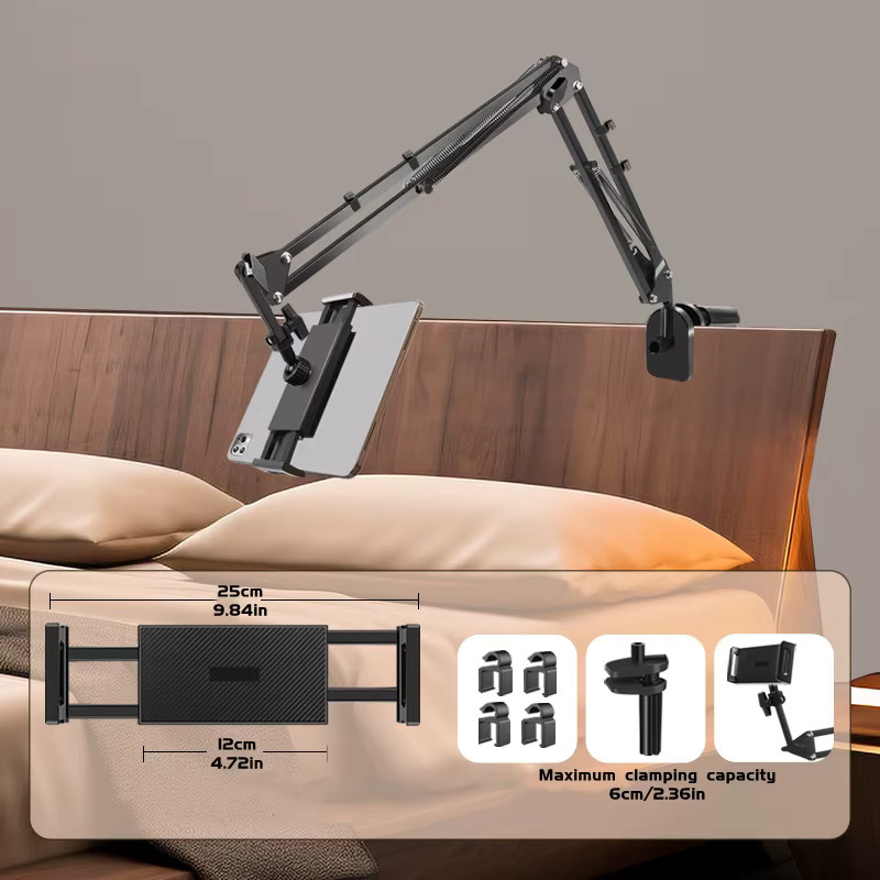 Whxmsh Verstellbarer Bett-Tablet-Halter in Schwarz mit langem Arm und Klemme für 4,7–13 Zoll Tablets und iPads - Bild 2