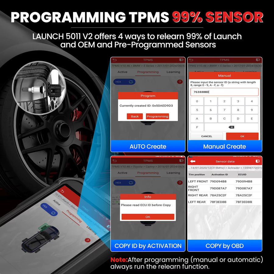 LAUNCH X431 Creader TPMS 5011 V2 Reifendruckkontrollsensor-Scanner in Schwarz mit Unterstützung für alle aktiven 315MHz und 433MHz Sensoren und 12 Reset-Servicefunktionen - Bild 5