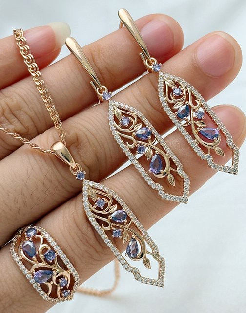 Kinel Schmuck-Set, 585 Roségold, Zirkonia, Damen, Vintage - Bild 1