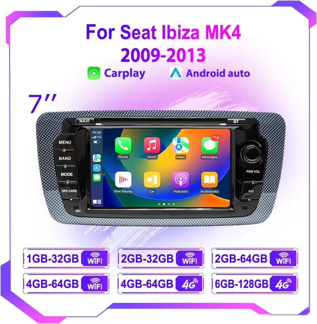 Icreative 2-DIN Autoradio für Seat Ibiza 2009–2013 mit CarPlay, Android Auto, GPS, Bluetooth und WiFi in Schwarz - Bild 1